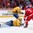 MONTREAL, CANADA - JANUARY 5: Sweden's Felix Sandstrom #1 makes the save while Gabriel Carlsson #9 and  Russia's Kirill Kaprizov #7 and Danila Kvartalnov #8 look on during bronze medal game action at the 2017 IIHF World Junior Championship. (Photo by Andre Ringuette/HHOF-IIHF Images)

